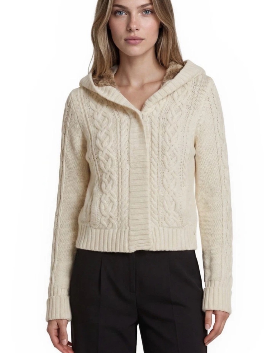 American Eagle Outfitters Cream Cable-Knit Hooded Cardigan